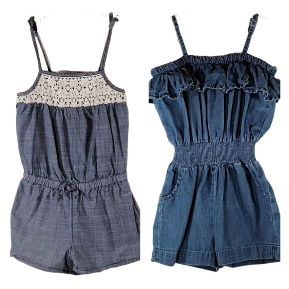 Toddler Romper Size 2T Boho Shortalls Cotton Chambray Set of 2 Mud Pie & OshKosh - Picture 1 of 9